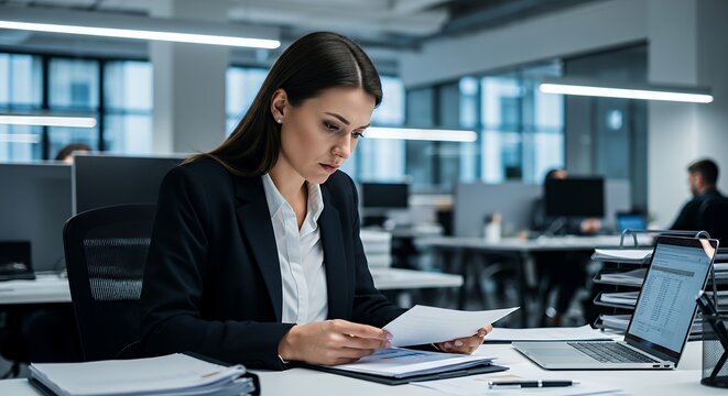 Female manager reviewing documents under harsh fluorescent light tense shoulders modern office desk high-resolution realistic photography style
