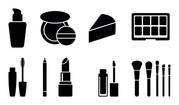 Set of black makeup cosmetic icons including foundation, powder, lipstick, mascara, eyeshadow, and brushes in a minimalist glyph style for beauty and fashion design