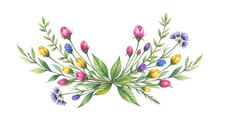 Obraz premium Watercolor Floral Arrangement with Tulips and Leaves in Soft Pastel Colors on White Background for Greeting Cards