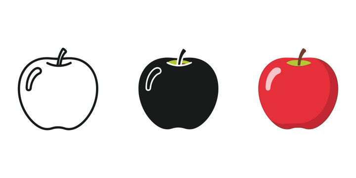 Three apples in different stages of color and shading on white background fruit concept with line art and solid colors