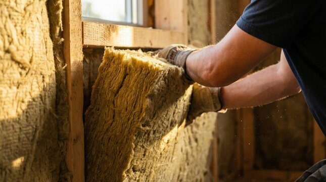 Insulation installation process with mineral wool batt for energy efficiency in home construction