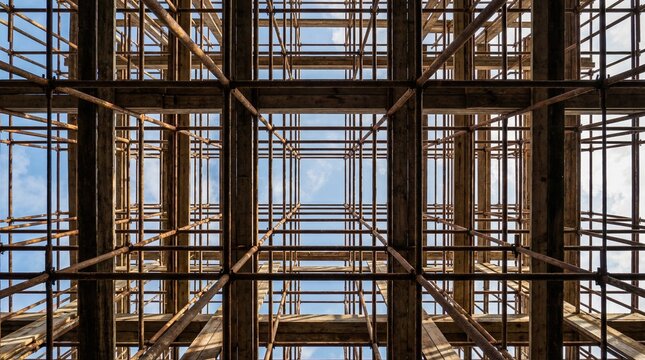 Intricate wooden scaffold against blue sky: construction and architecture patterns