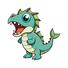 Fototapeta premium Cute green cartoon dragon character standing like a playful baby dinosaur in a fun vector style