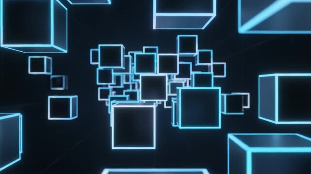 Neon outlined floating cube cluster in dark digital tunnel with glowing blue futuristic geometric wireframe cubes creating abstract neon tunnel motion and moody cyan purple depth