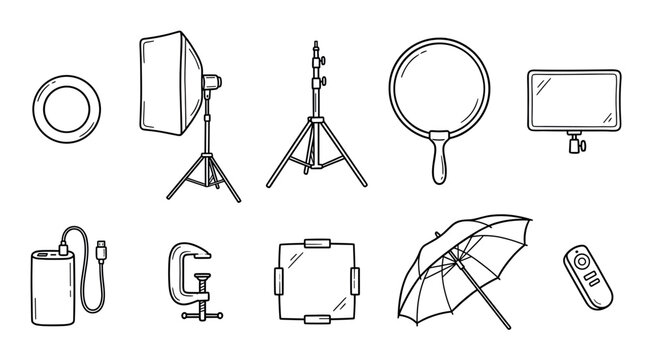 Set of hand-drawn photography studio equipment including a softbox, ring light, tripod, reflector, and umbrella, illustrated in a simple black and white line art doodle style