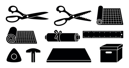 Naklejka premium Crafting and sewing tools icon collection featuring black silhouettes of scissors, a cutting mat, ruler, chalk, and other hobby supplies in a minimalist graphic design