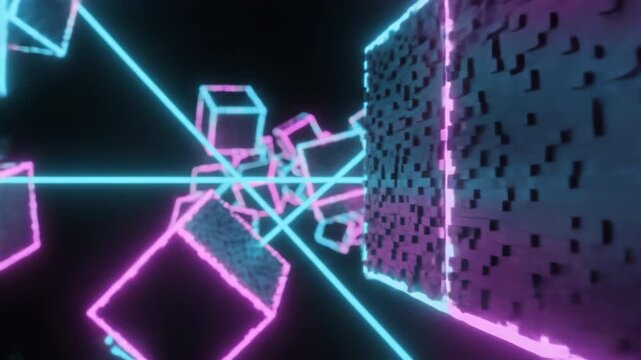 Neon cube corridor with glowing pink and cyan wireframe pixel cubes floating in dark space, creating moody futuristic depth and energetic abstract retro synthwave atmosphere