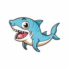 Obraz premium Cute cartoon shark swimming in the ocean with blue water and marine animals