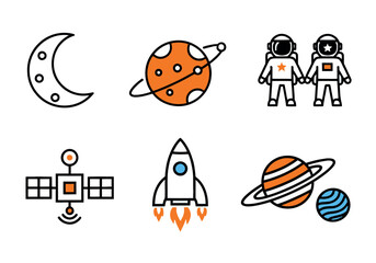 Space exploration icon set featuring astronauts, planets, rocket, and satellite in a modern line art style with orange and blue accents. © Lili