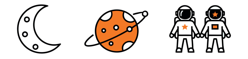 Crescent moon, orange planet Mars, and a pair of astronauts holding hands, isolated on white. Minimalist space exploration icons. © Lili