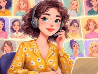 헤드셋을 착용하고 미소 지으며 온라인 화상 회의에 참여하고 있는 갈색 곱슬머리의 젊은 여성 일러스트레이션으로 배경에는 다양한 여성들의 프로필이 격자 형태로 배치되어 협업과 소통의 분위기를 연출합니다.