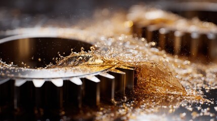 Close up of industrial gears with splashing liquid and focused details