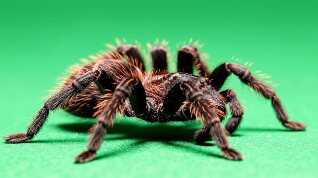 A tarantula spider standing on a green surface viewed from the front with its legs and body visible