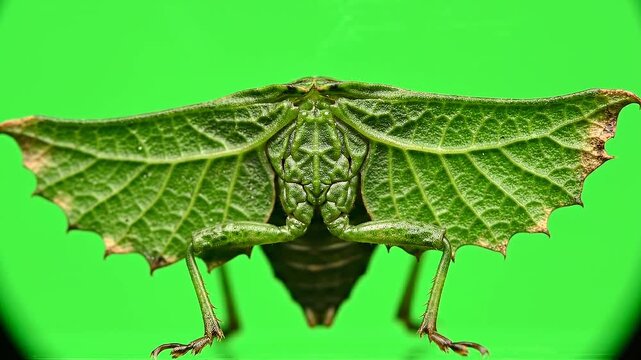 A large green moth with leaf-like wings and legs stands against a vibrant green background from a front viewpoint