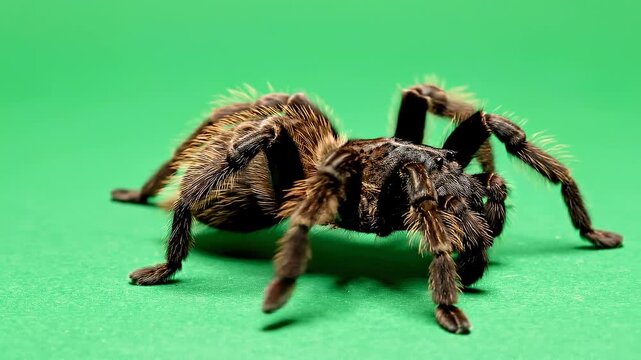 A tarantula spider standing on a green background from a close-up front viewpoint