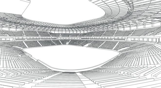 Detailed architectural wireframe drawing illustrating the expansive seating tiers and complex roof structure of a large modern sports stadium ready for event planning.