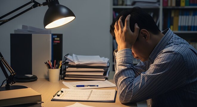 Office worker gripping head while staring at spreadsheet full of numbers dim desk lamp lighting cluttered workspace realistic stress concept