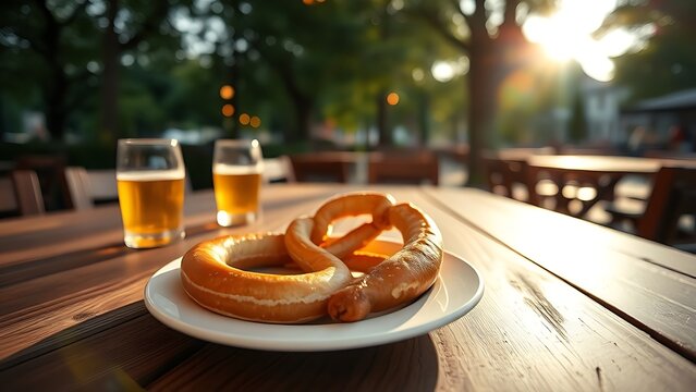  Beer garden table at dawn with weisswurst and pretzel on a white plate. bar promotions, beverage menus, designed for product packaging and bar promotions.