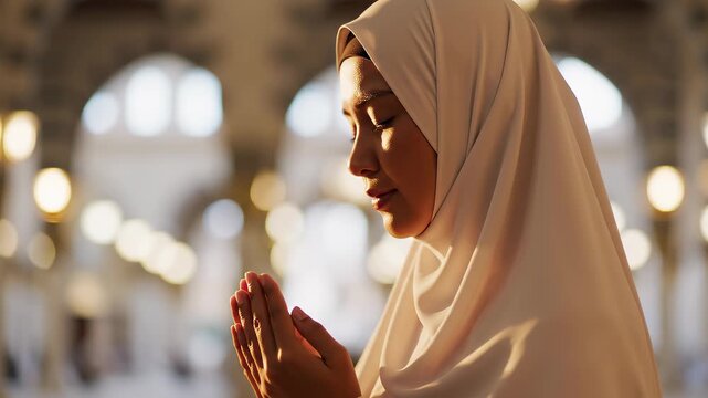cinematic close-up of a women Muslim worshipper dua during Ramadan, calmly expression
