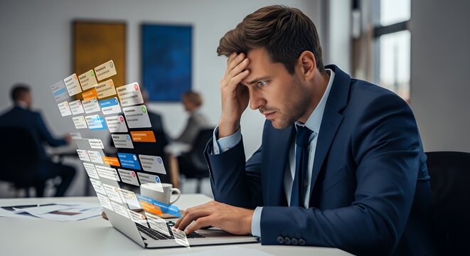Corporate professional overwhelmed by calendar notifications popping up on laptop screen tense posture realistic lighting