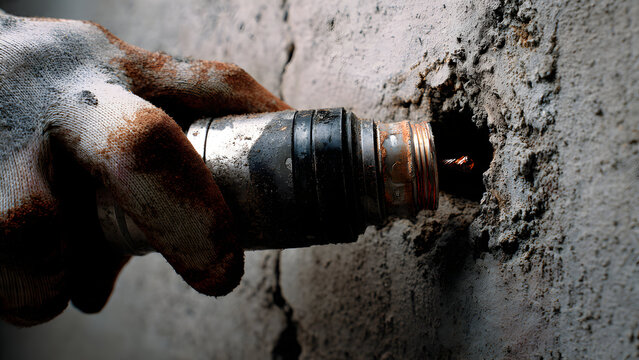 Close-up realistic worker brick glue trowel apply house wall cement layer