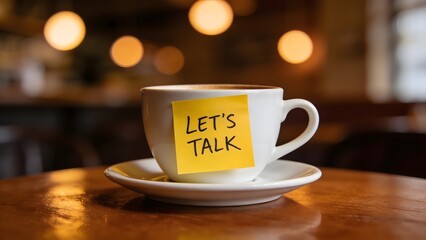 Obraz premium White ceramic coffee cup with yellow sticky note reminder saying let's talk sits on wooden table