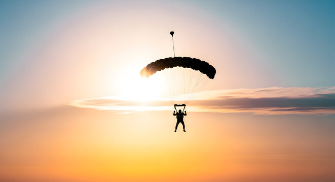 Person parachuting during sunset with a sky full of clouds and a parachute open.