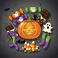 Halloween Treats - A Festive Pumpkin and Candy Arrangement.