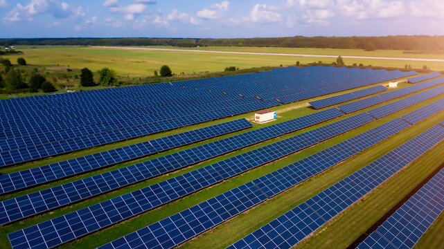 Aerial top view of a solar pannels power plant. Renewable energy concept