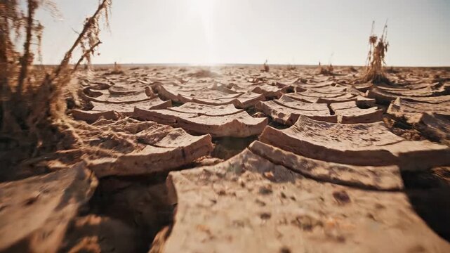 Dry cracked earth stretching towards the horizon under a bright sun with withered plants standing tall