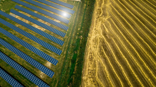 Aerial shot top view of solar panel photovoltaic farm