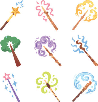 Magic wand collection with colorful sparkles and swirling energy effects, wizard and fairy tale fantasy elements set for children game vector illustration,