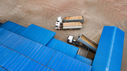 trucks with potatoes at the potato processing factory top view