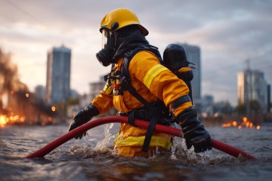 Firefighter Wading Through Flooded Cityscape with Water and Flames Nearby