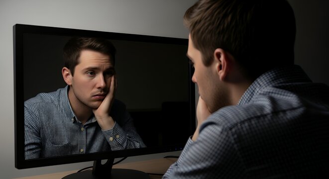 Young professional staring at reflection in dark monitor screen expression drained Low-key lighting quiet burnout theme