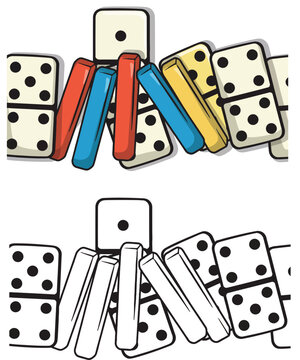 Vibrant Domino Tiles Dropping in a Sequence Cause and Effect Concept in a White Flat Vector Illustration with a Bold Outline and Monochrome Version Background