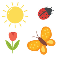 Fototapeta premium Cute spring elements with ladybug, butterfly, sun and tulip. Simple elements for spring decorations.