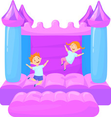 Fototapeta premium Jumping kids in rubber inflatable fairytale playground castle