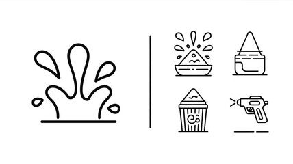Fototapeta premium Holi festival line icon set with color powder splash, water gun, drum and celebration symbols outline collection