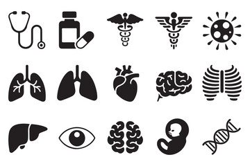 Obraz premium Set of medical related objects and human organs black icons isolated on white background