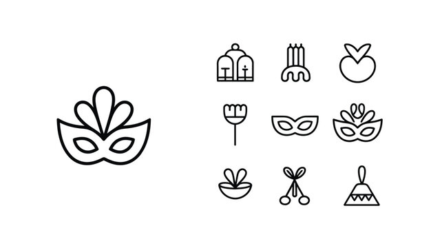 Purim celebration line icon set with masks, grogger, scroll, crown and festive party symbols minimal outline collection