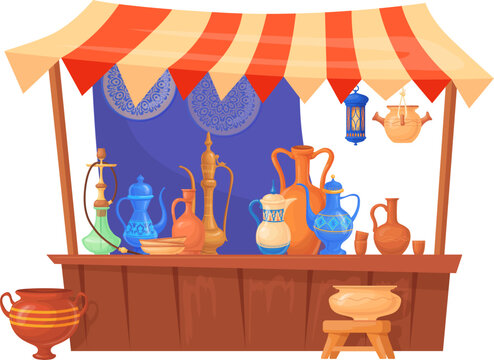 Eastern crockery tent. Old ceramic dishware market