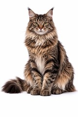Obraz premium Full body portrait of a Maine Coon cat sitting isolated on white background