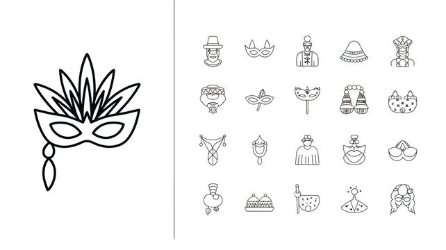 Purim costume and celebration outline icon set with crown, party hat, gift box and festive tradition symbols