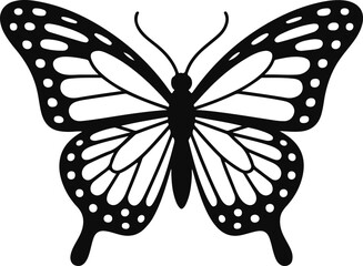 Stylized graphic black and white monarch butterfly silhouette with detailed wing patterns isolated on transparent background © md