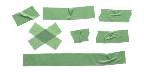 Set of realistic green adhesive masking tape pieces with wrinkles and textures isolated on white background vector illustration © GraphixEra