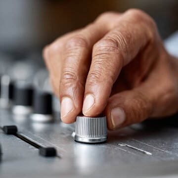 Close-up of hand adjusting audio mixer knob in recording studio