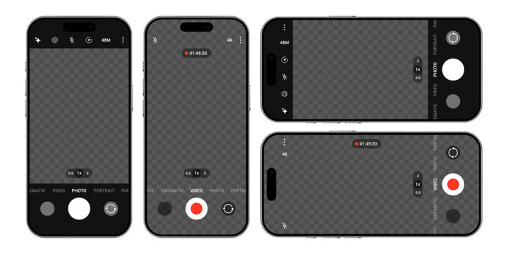 Vector user interface of mobile phone camera application for photography and video capturing. Realistic mockup or template with empty transparent background