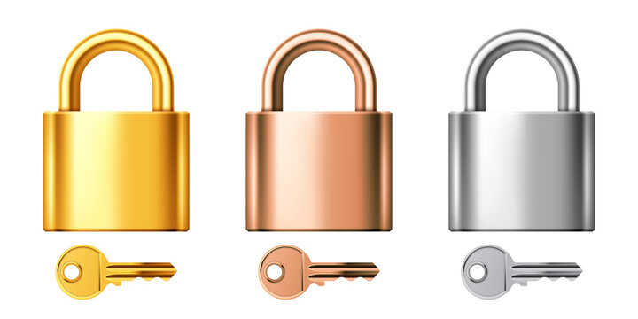 Vector locked steel, bronze and golden padlocks with keys related to security, safety, protection. Realistic illustration isolated on white background