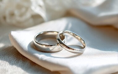 Elegant Wedding Rings on Delicate Fabric in Soft Natural Light